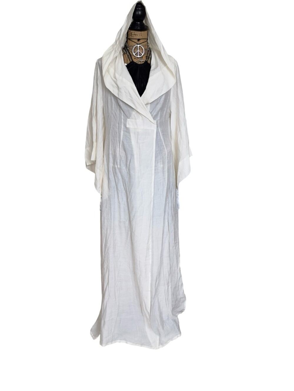 Classic White robe with large hood and deep bell sleeves Maxi Duster Coat MEDIUM